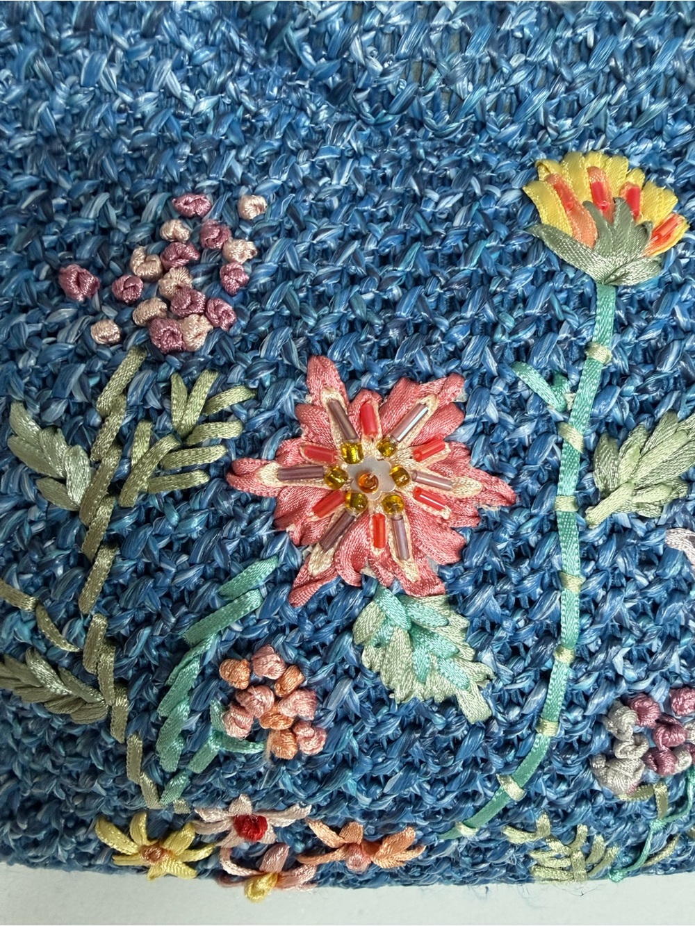 Vintage Boho Woven Straw Beaded Floral Ribbon Embroidered Handbag - Picture 3 of 12